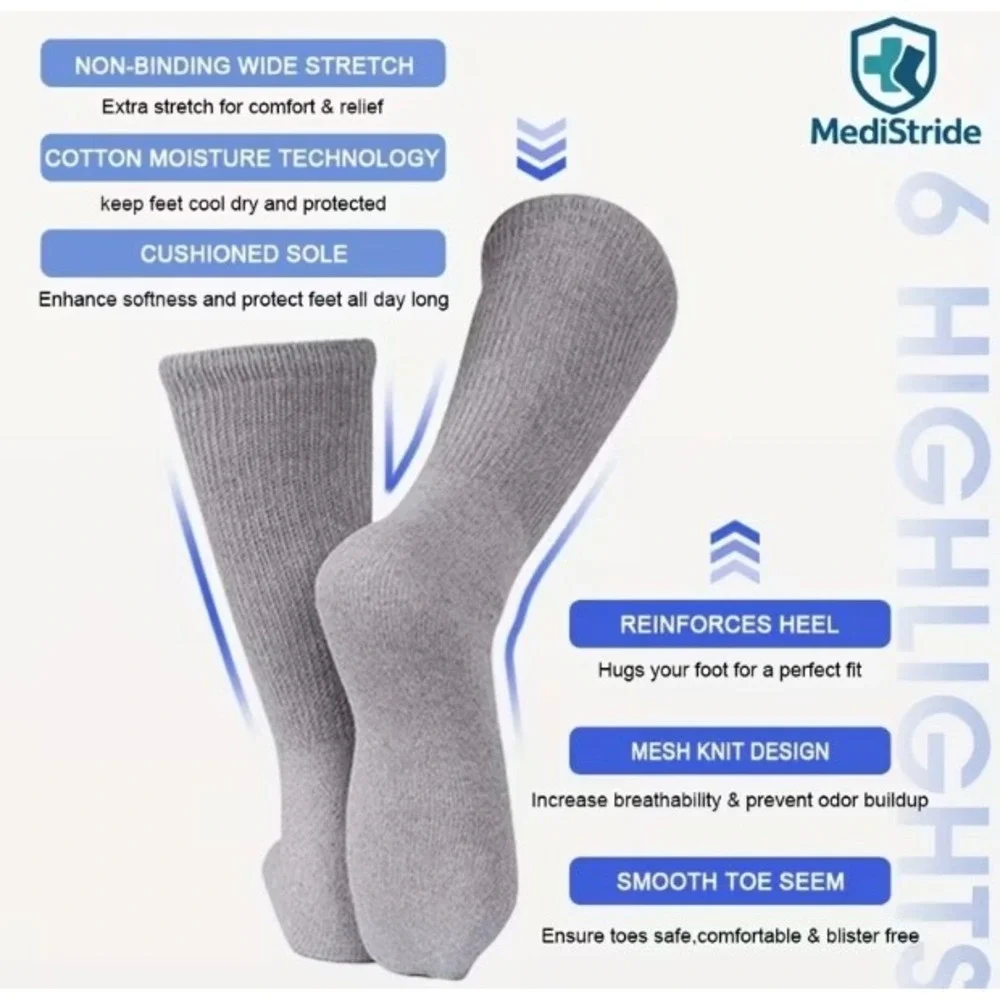 Medistride Non-binding Diabetic Circulatory Crew Socks 13-15 Gray Edema 3‎ Pairs